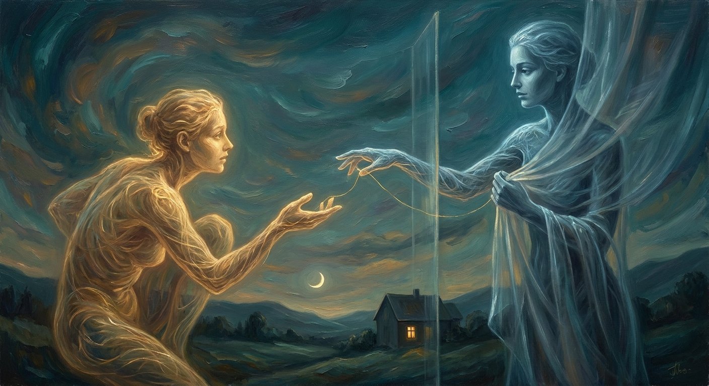 Dipinto a olio: una figura luminosa e calda tende la mano verso una figura trasparente e velata, separata da una lastra di vetro e unita da un filo sottile, sotto una falce di luna e una casa con una finestra accesa.